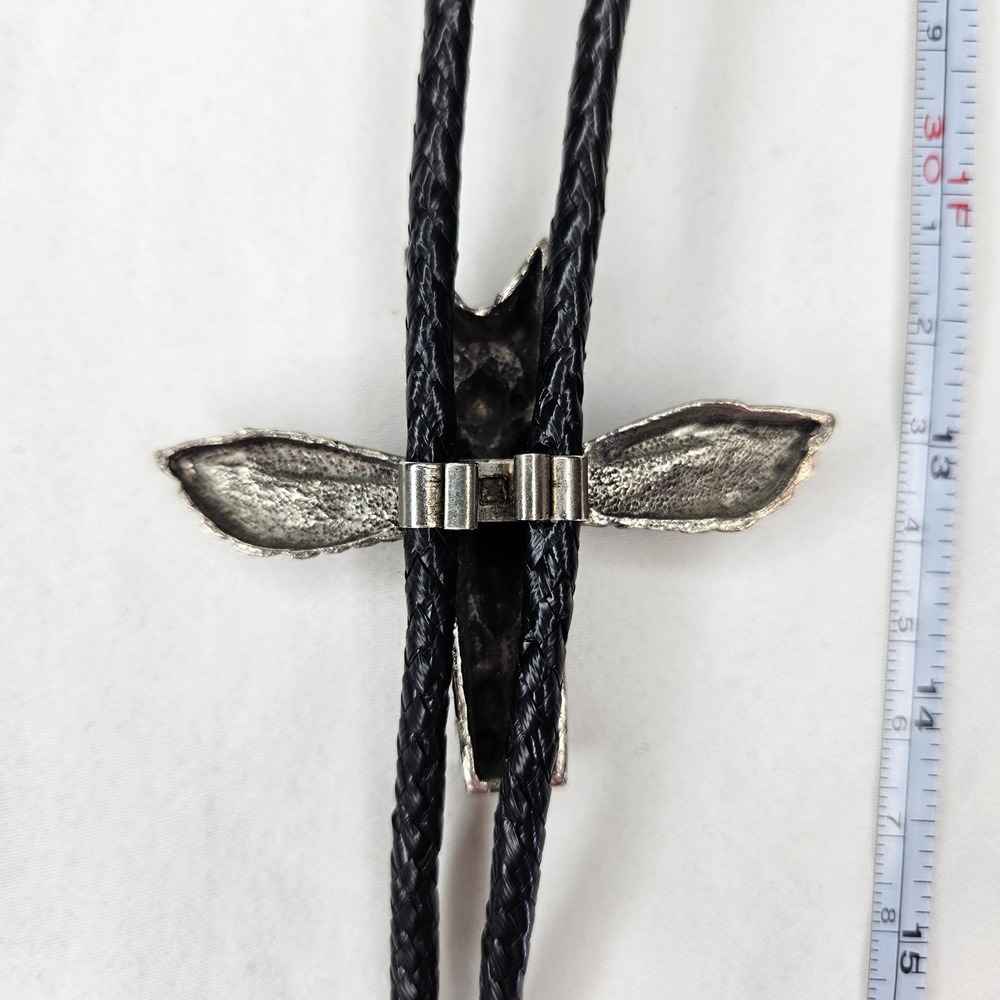 Vtg Bolo Tie Eagle Totem Silver Tone Turquoise Black Leather Braided Cord Native - Picture 5 of 8